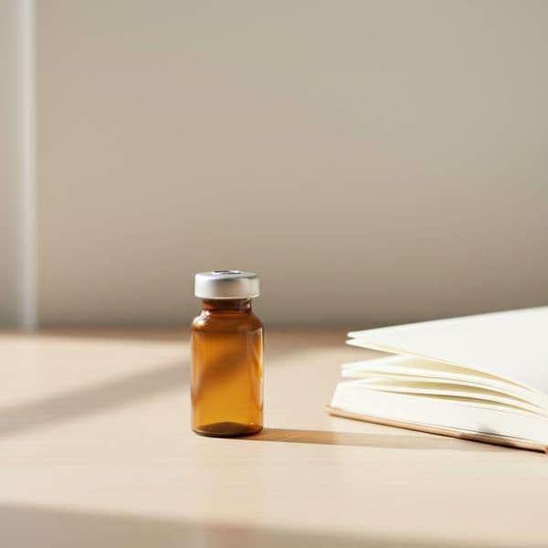 Amber medication vial on wooden desk