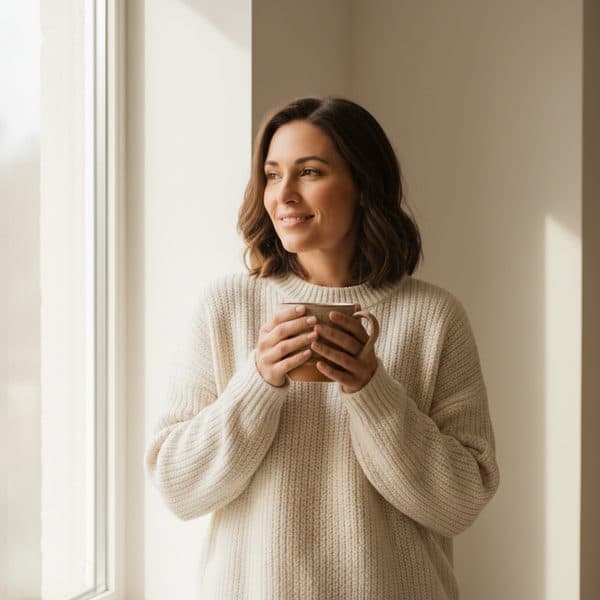 Woman in cream knit holding a warm mug by sunlit window